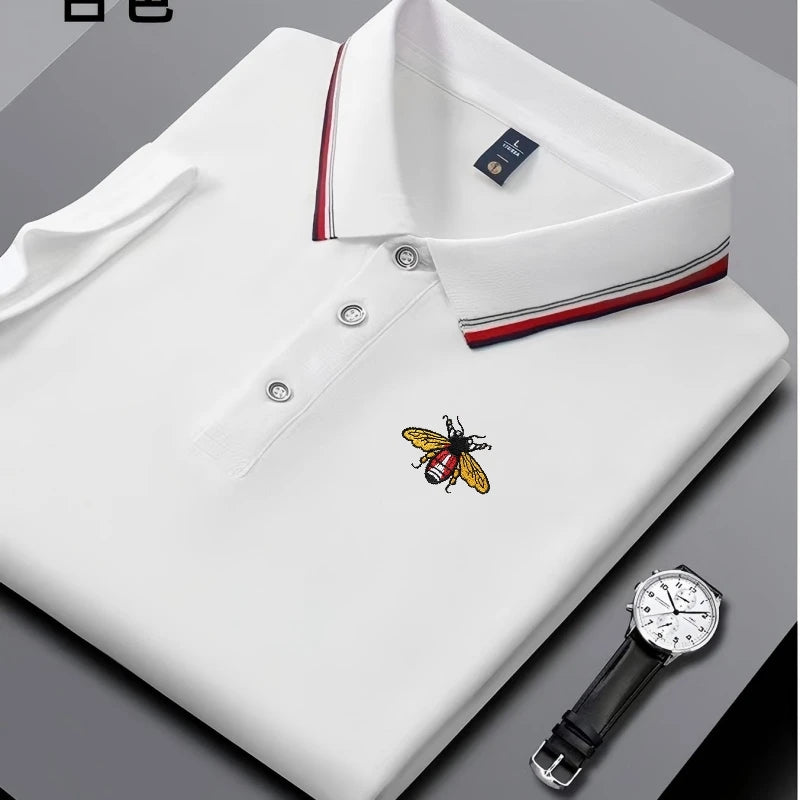 Camisa polo masculina bordada de manga curta casual de negócios, elegante, respirável, confortável e versátil