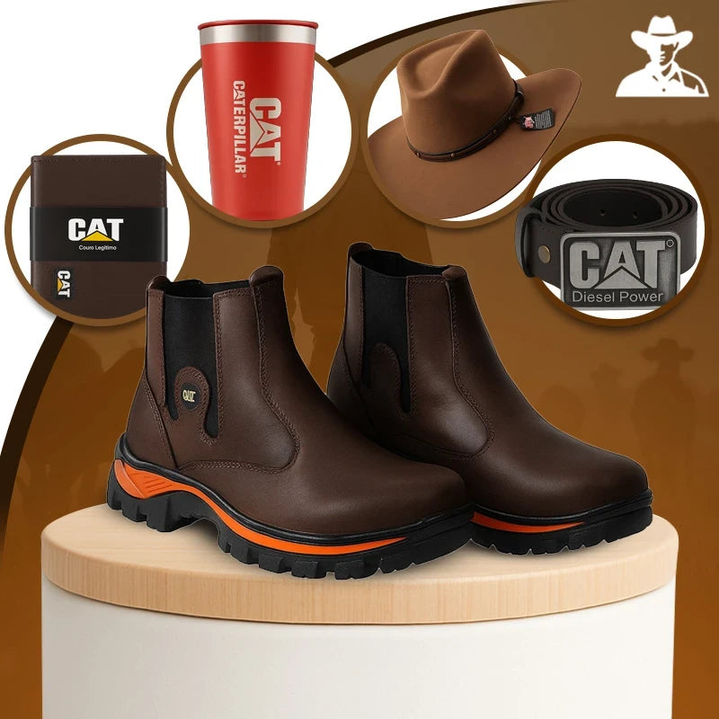 Bota Adventure Masculina em Couro Legítimo e Palmilha Ortopédica +BRINDES: Chapéu, Cinto, Carteira e Copo